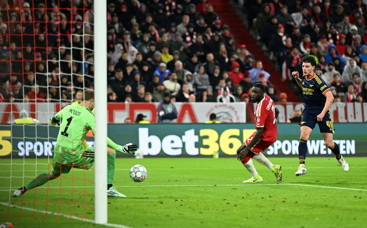 Declan Rice Scores Late Equalizer to Earn Arsenal Hard-Fought 2-2 Draw Against Bayern Munich in Champions League Thriller